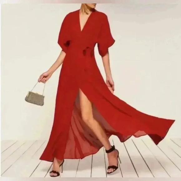 Reformation Red Winslow Wrap Maxi Dress Gown Size XS